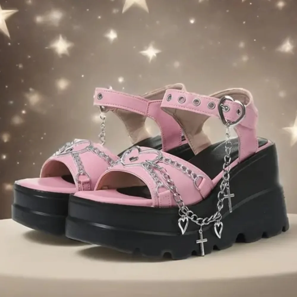 Pink Platform Sandals with Heart Accents Sz 6
